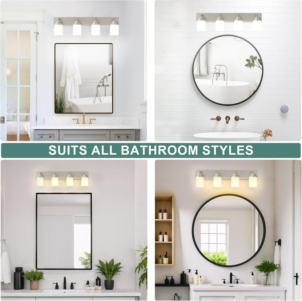 Bathroom Vanity Light Fixture, 4-Light 30 Inch Brushed Nickel Bathroom Light Fixtures Over Mirror, with White Glass