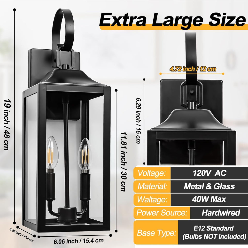 19" Black Outdoor Wall Lantern 2-Light, Large Outside Modern Porch Sconce Light Fixture