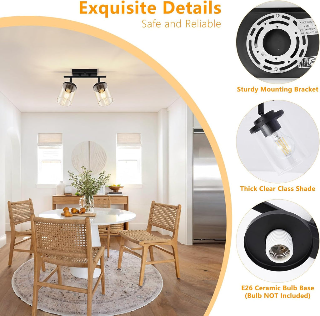 2-Lights Semi Flush Mount Ceiling Light, Modern Black Kitchen Light Fixtures Ceiling with Clear Glass Shade
