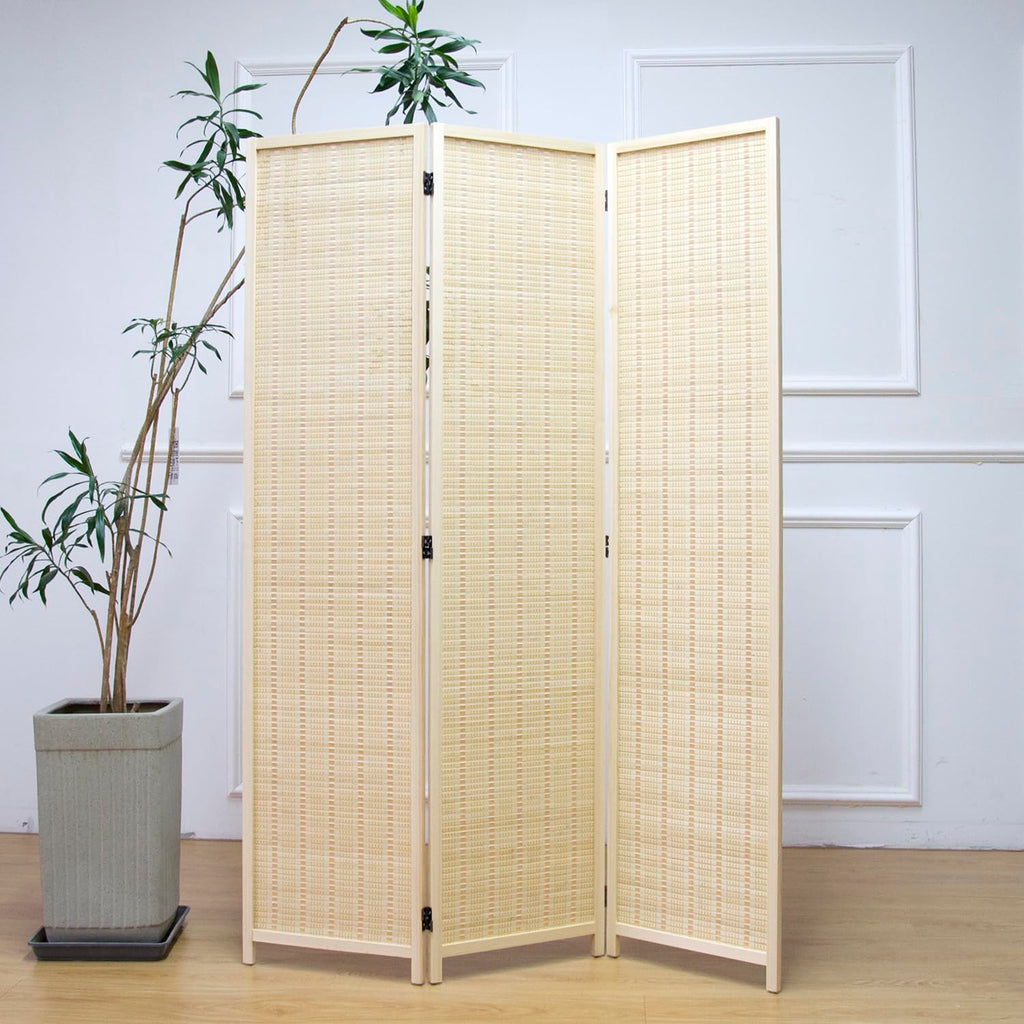3 Panel Room Divider and Folding Panel Screen, Bamboo Panel Divider Screen for Room Separation, Beige, 67" H x 46" W