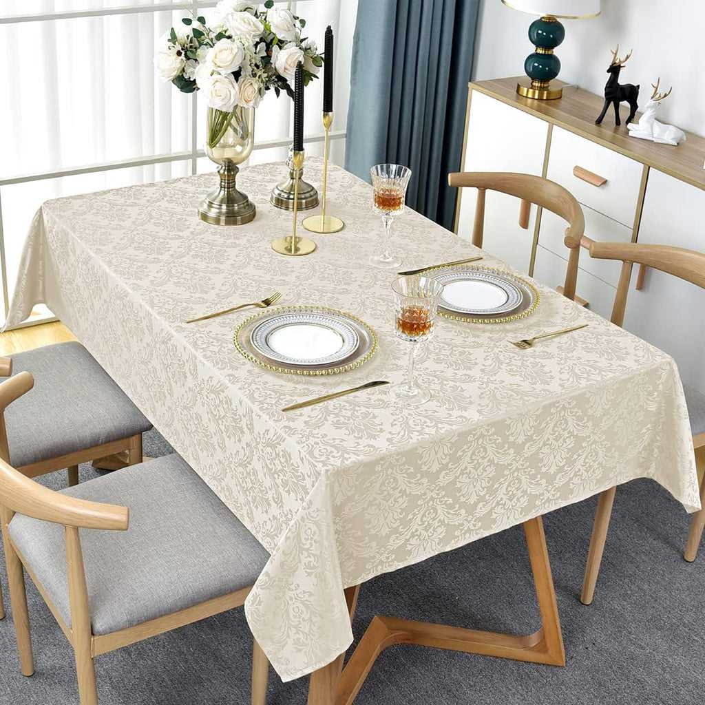 Jacquard Tablecloth Rectangle 60 x 102 Inch Beige, Spill Proof Washable Damask Table Cloth, Soft Pol
