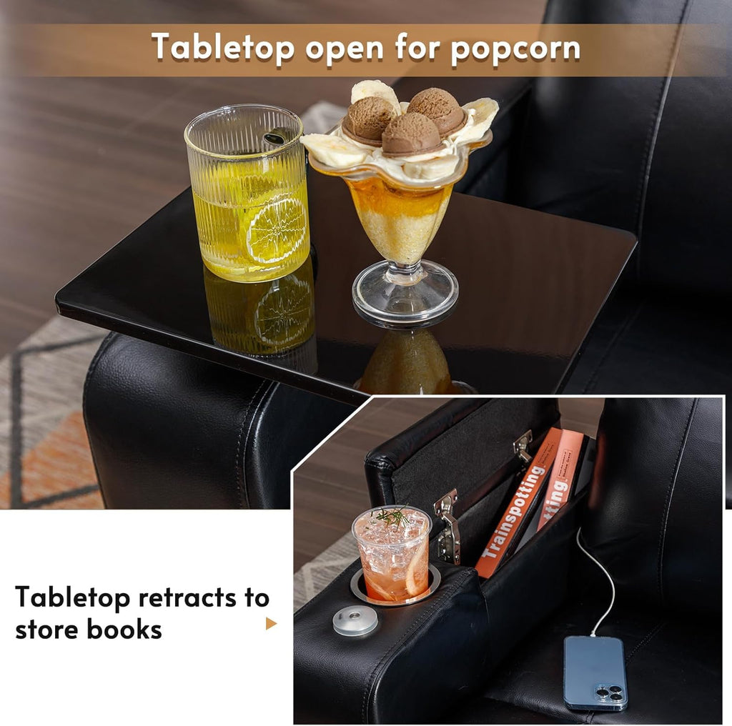 ANJ Power Recliner Chair with USB Ports, Faux Leather Home Theater Seating with Swivel Tray Table