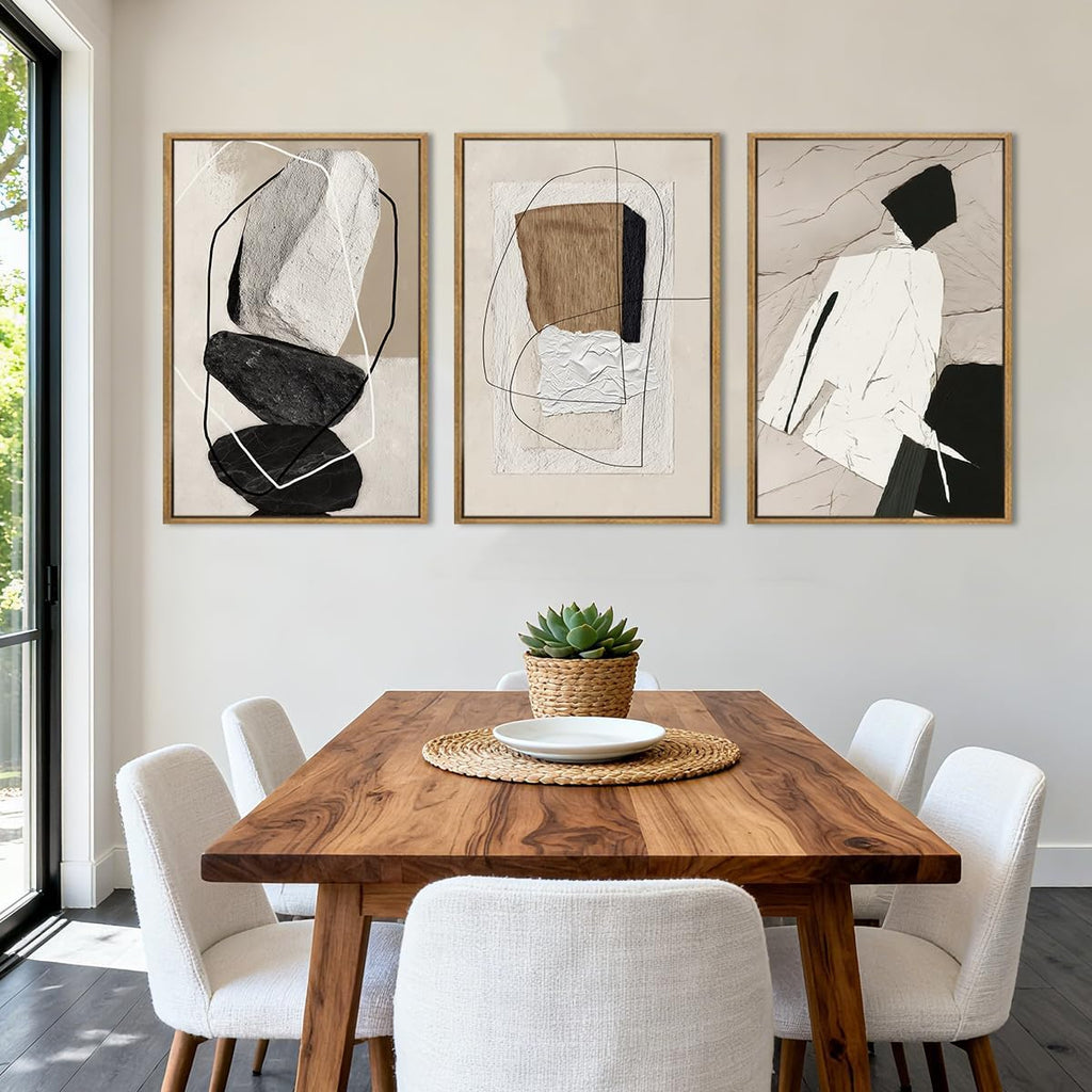 Large Abstract Wall Art Canvas,Black Beige Artwork,Neutral Modern Framed Wall Art, Minimalist Geometric
