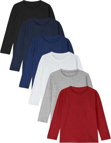 6 Pack Boys Long Sleeve Shirts Cotton T-Shirts for Kid Layering Top