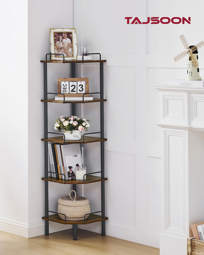 5 Tier Corner Shelf Stand, Small Corner Table, Rustic Brown