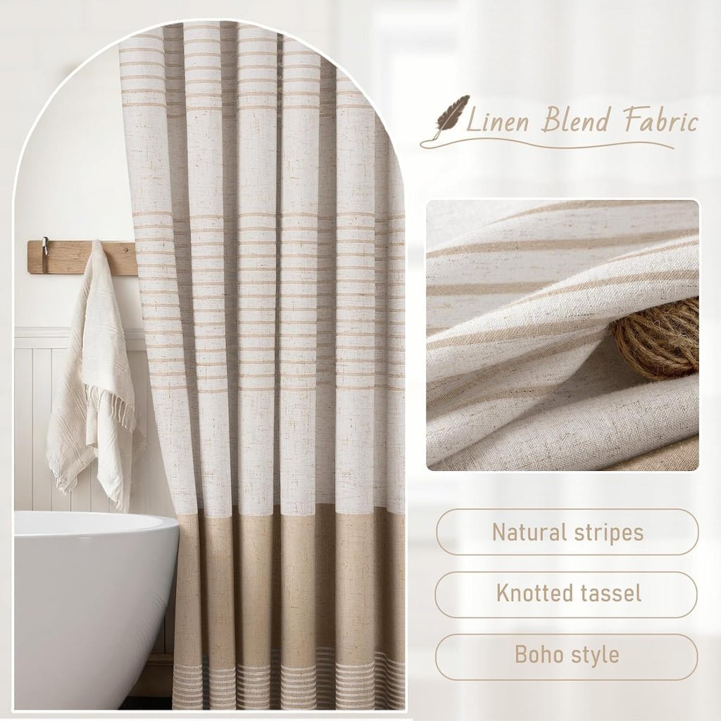 Beige Boho Linen Striped Shower Curtain with Tassel 72" W X 72" L | Boho Farmhouse Shower Curtains with Linen Texture