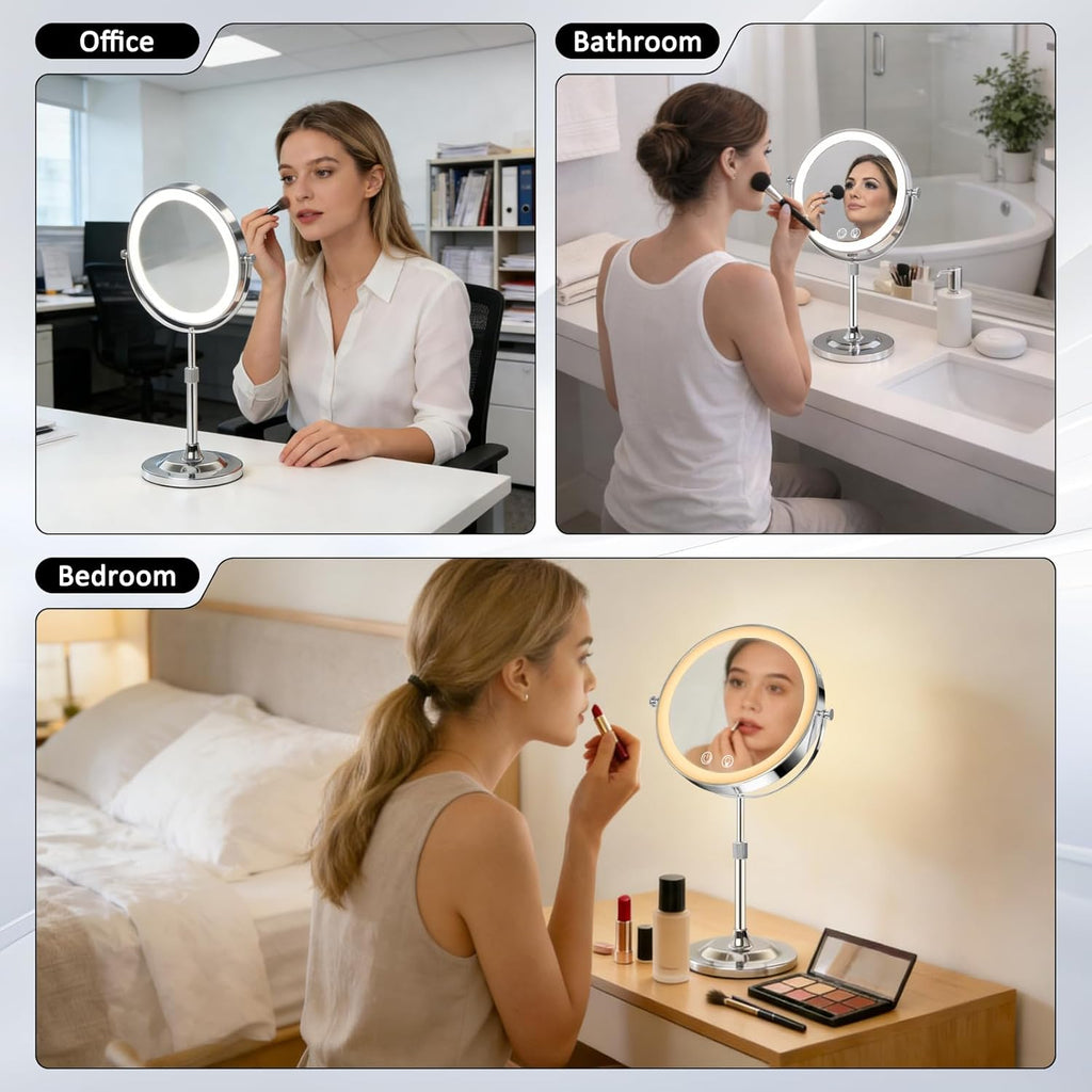 9" Makeup Mirror with Lights,5000mAh Rechargeable Vanity Mirror,1X/10X Double Sided Magnifying Mirror with Adjustable