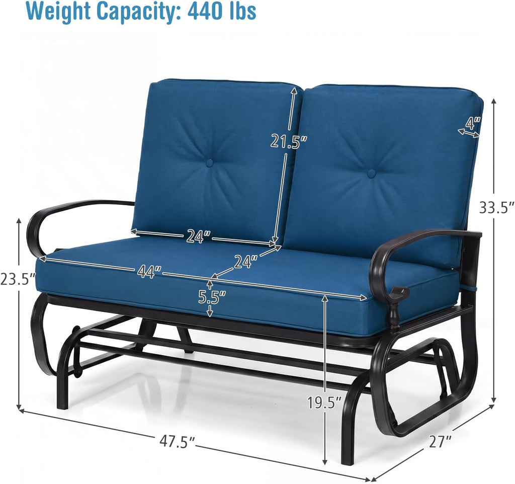 Outdoor Glider Bench, Patio 2 Person Loveseat with Removable Cushion, Thick Padded Seat, Stable Steel Frame, Outside