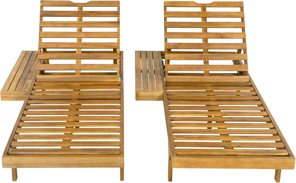 Acacia Wood Chaise Lounge Chair Set of 2, Double/Single Outdoor Sunbathing Pool Lounger, Patio Wooden Adjustable