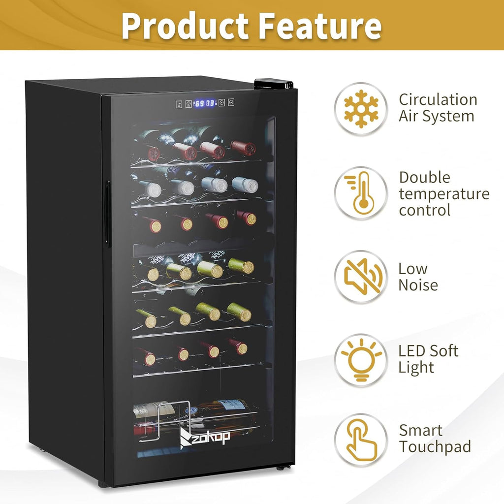 28-Bottle Dual Zone Compressor Wine Cooler, Freestanding Compact Mini Wine Fridg