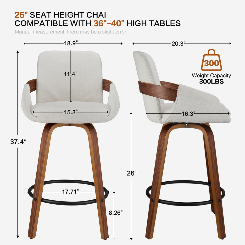 26" Swivel Counter Height Bar Stool with Back & Arms, White
