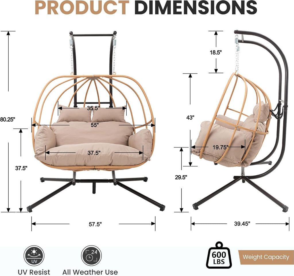 Double Egg Chair Outdoor, Egg Swing Chair with Stand, Hanging Swing Chair Outdoor with Cushions/Headrest, 80" H
