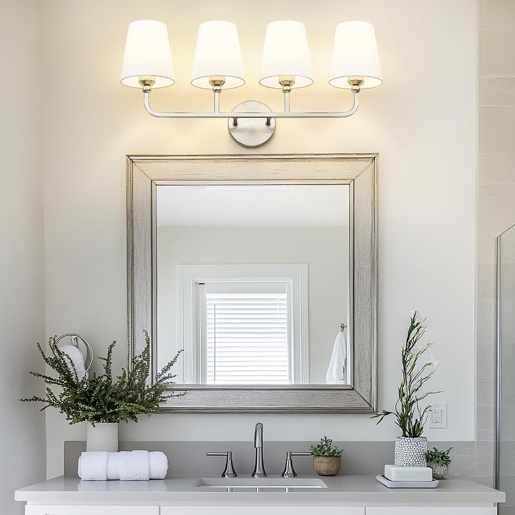 4-Light Brushed Nickel Bathroom Vanity Light, White Fabric Shades | Ideal for 32-42" mirrors, 28" bathroom light