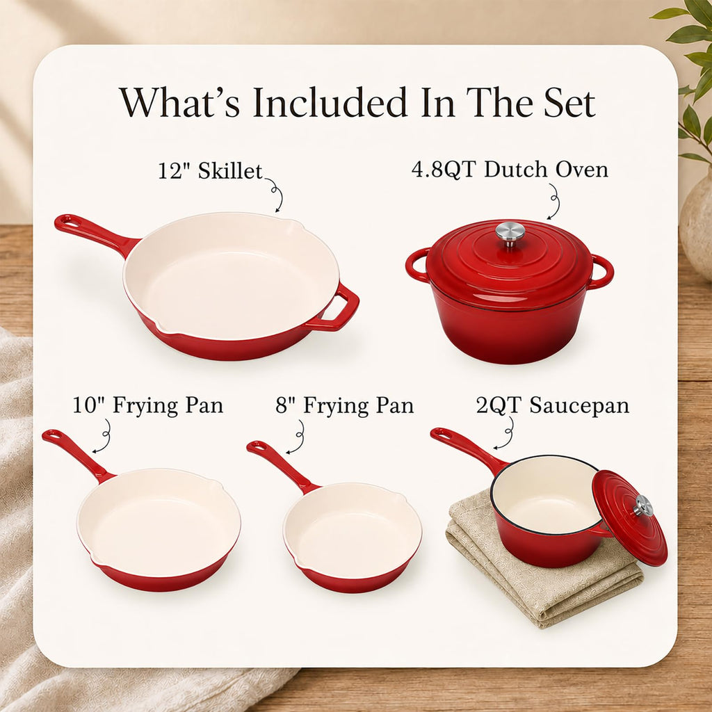5-Piece Enameled Cast Iron Cookware Set with Lids