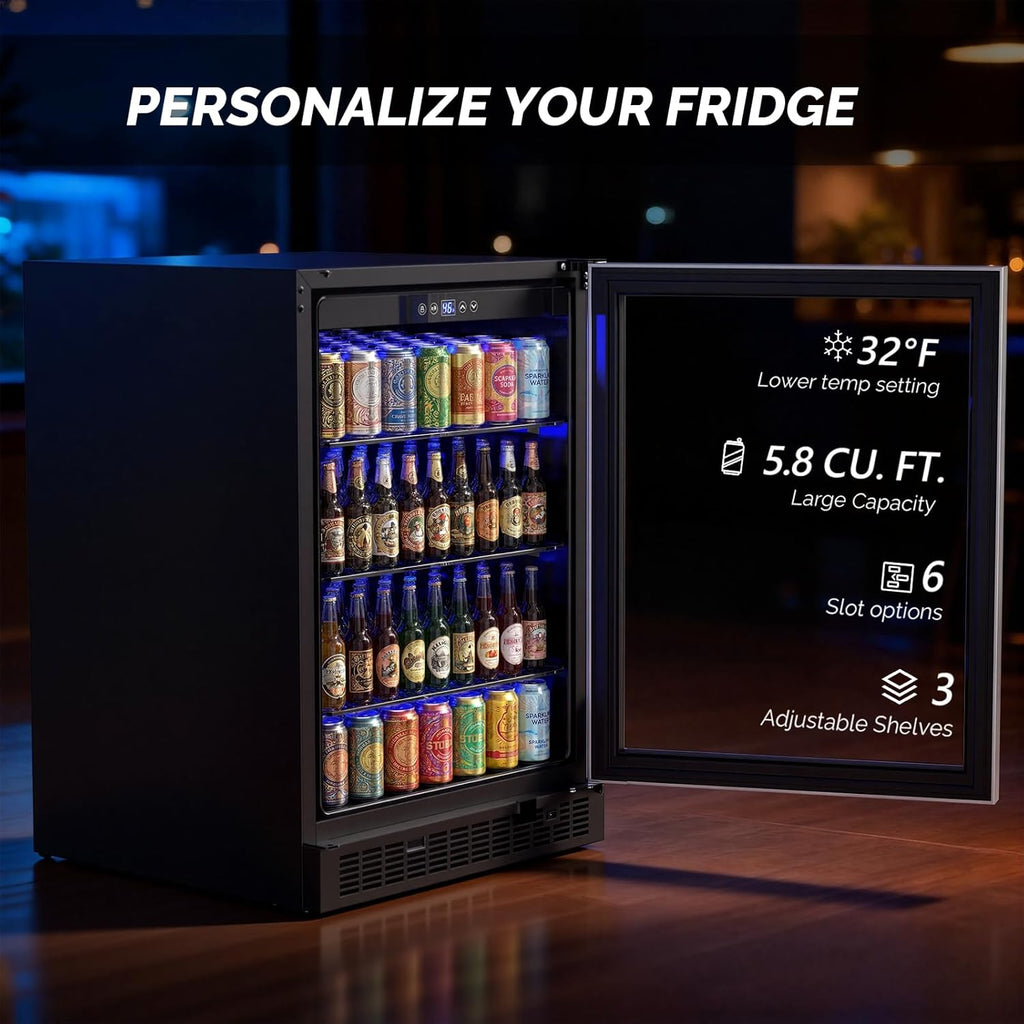24 Inch Beverage Refrigerator, 5.8 Cu.Ft. Under Counter Beverage Fridge with Gla