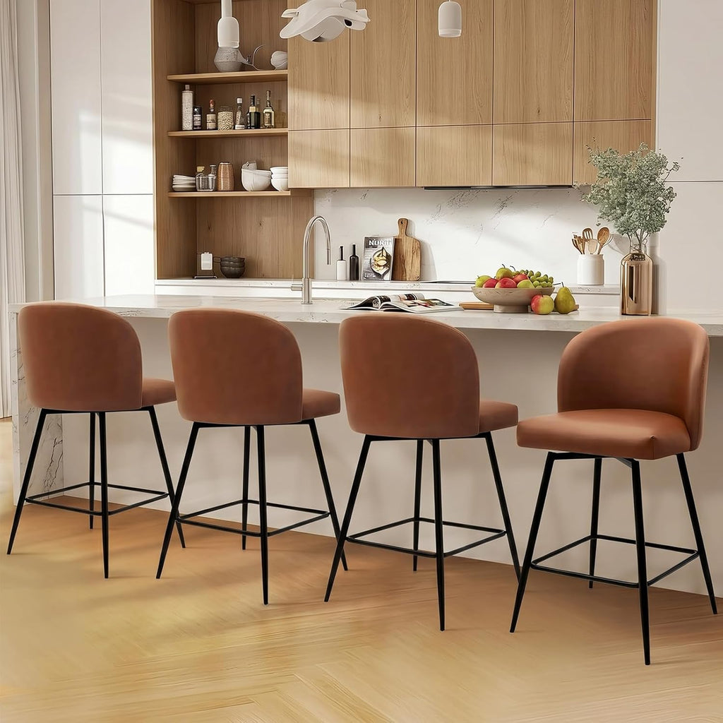 Counter Height Bar Stools Set of 2, 360° Swivel Upholstered Barstools with Backs and Metal Legs, 26" H Seat Height