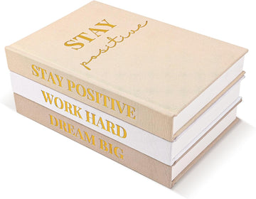 Set of 3 Linen Covered Decorative Books Decor | Gold Foil Stamping Decor Books,Motivational Office decor for Women