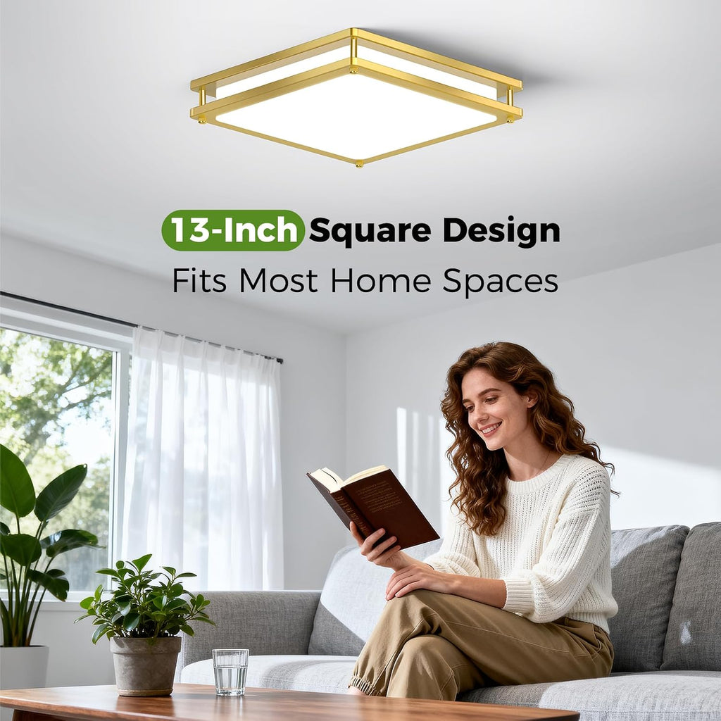 13 Inch Gold Square LED Ceiling Lights Kitchen Bathroom, 36W Super Bright 3200LM Modern Flush Mount Light Fixture