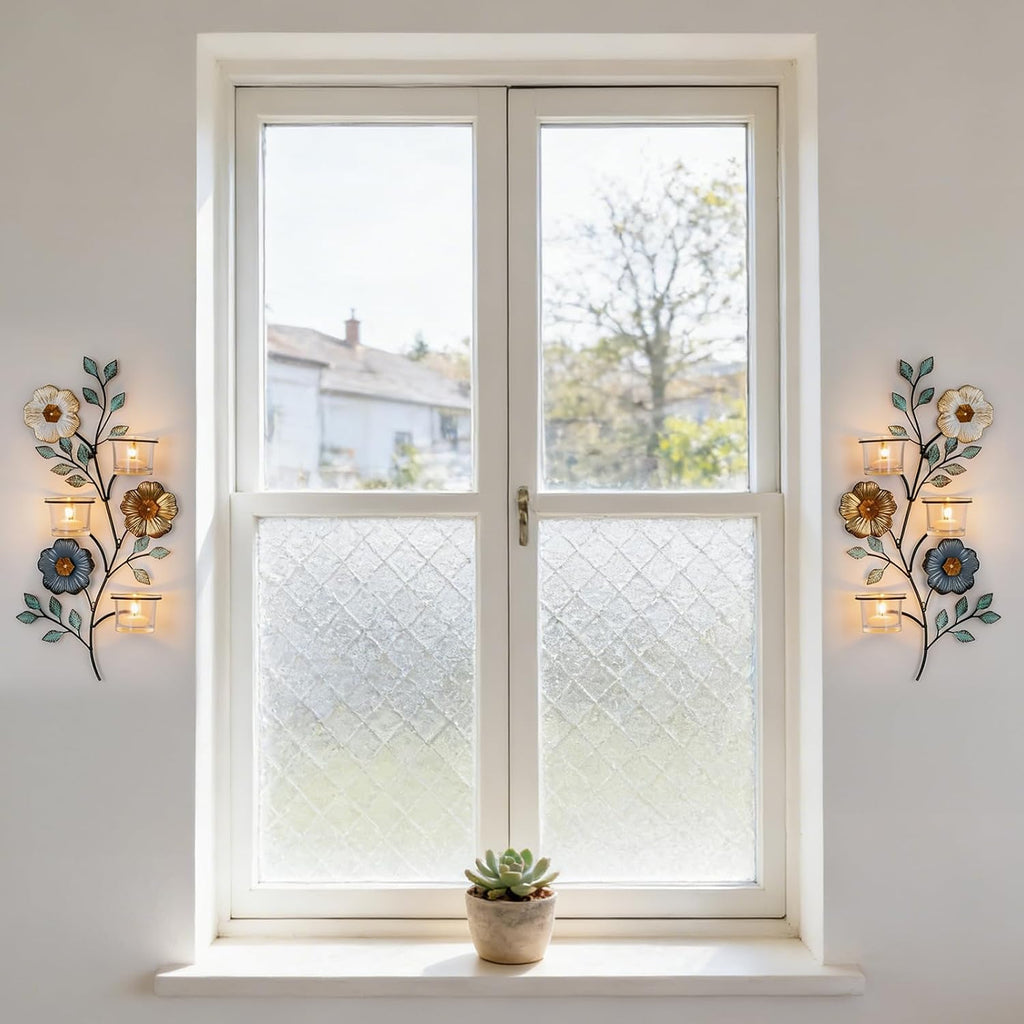 Candle Sconces Wall Decor: Wall Candle Holder with 6 Glass Cups for Tealight - Colorful Metal Flower and Leaf Sconces
