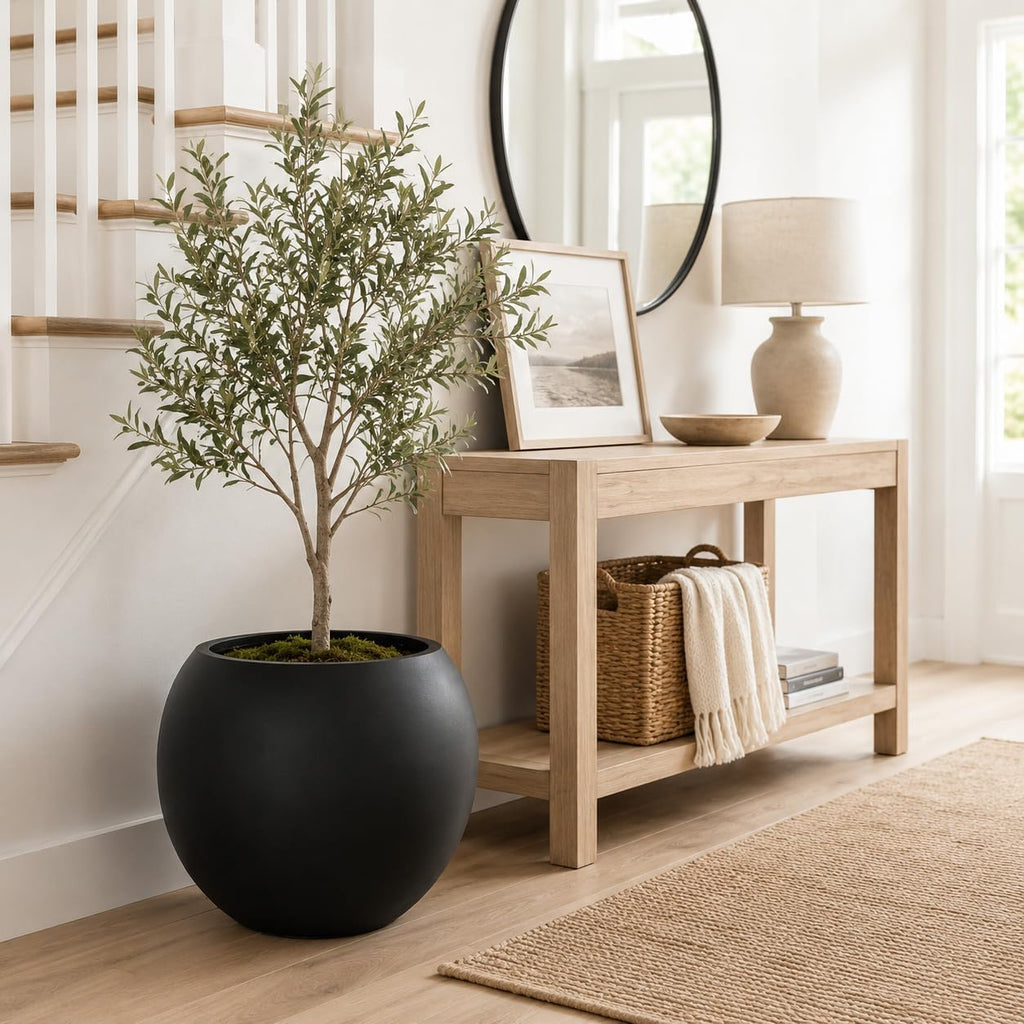 17" H x 21" Dia Black Fiberstone Planter Pot with Drainage Hole, Extra Large Indoor Outdoor Flower Pot for Artificial
