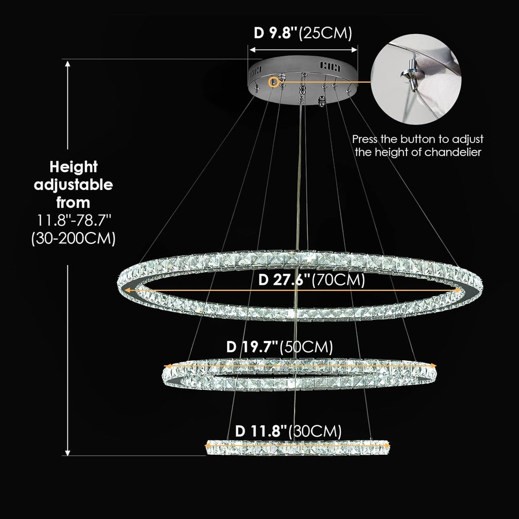 LED Chandelier, Modern Ceiling Light Fixture with 3 Crystal Chandelier Lighting Rings, DIY & 3-Color Changing 3 Rings Adjustable Chandeliers for Living Room Dining Room Kitchen, D 12"-20"-28"