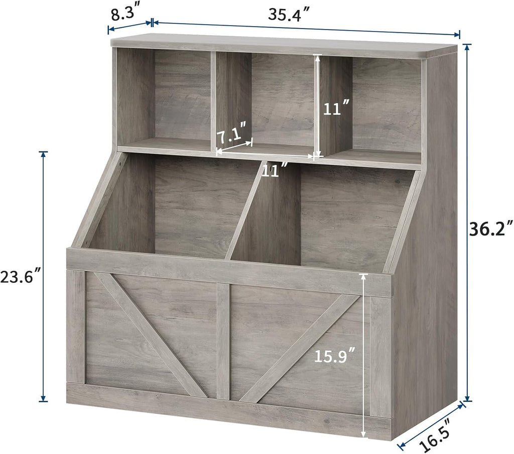 Kids Bookshelf and Toy Storage, Kids Toy Storage Organizer, Washed Grey | Toy Organizer with Storage Cabinet and