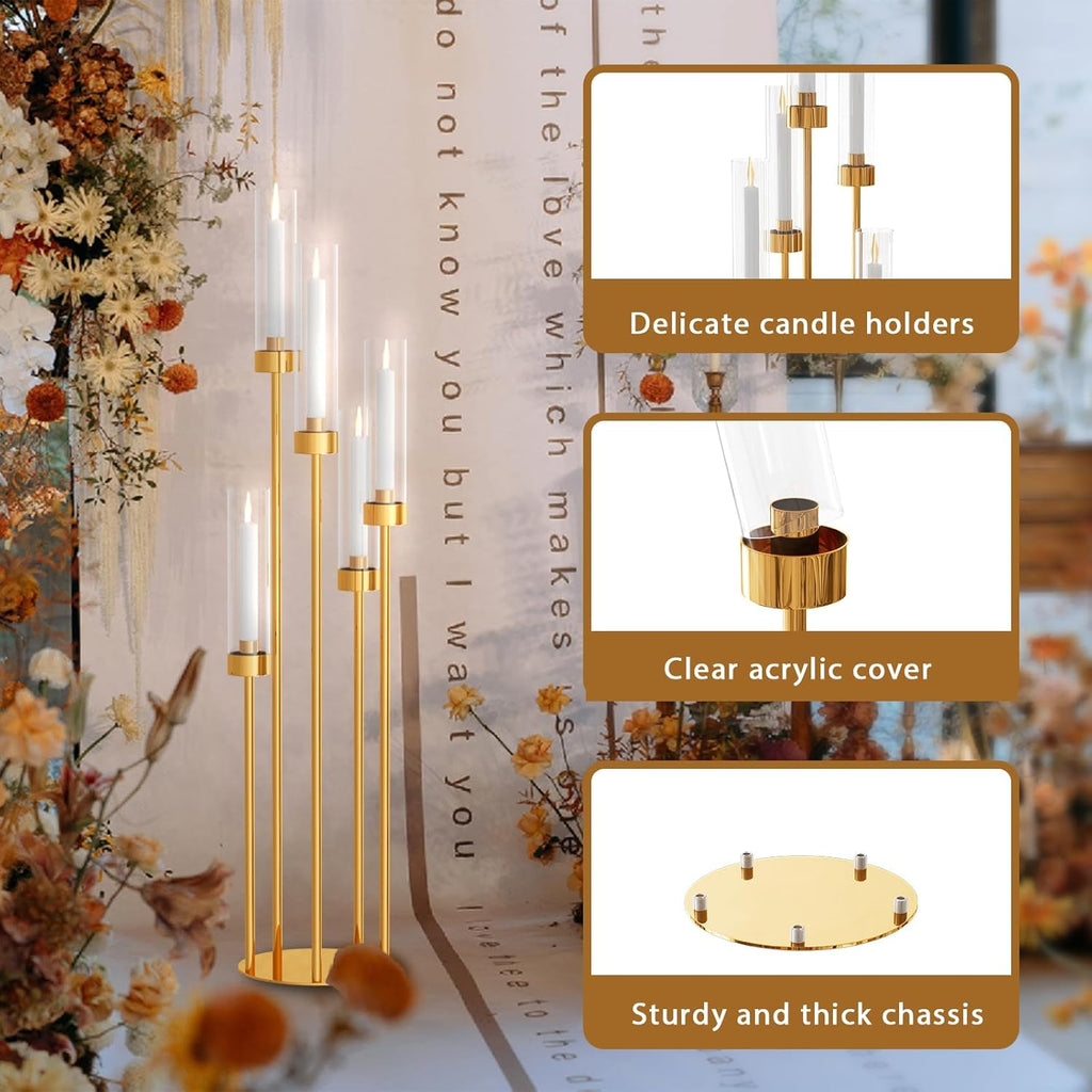 5 Arms Gold Floor Candelabra 42.5'' Floor Candle Holdersor Tall Metal Candlestick Set with Acrylic Lampshades