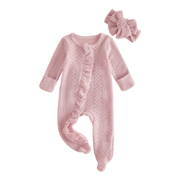 Newborn Baby Girl Coming Home Outfit Ruffle Solid Footies Long Sleeve Knit Romper Zipper Jumpsuit Infant Fall Clothes