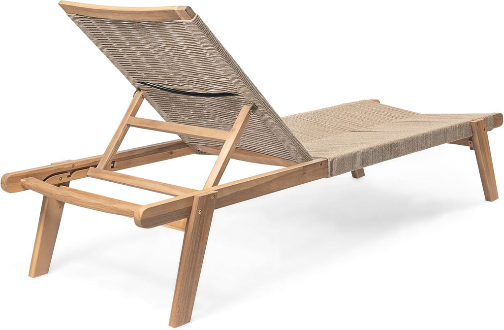 Set of 2 Outdoor Patio Wood Adjustable Chaise Lounges with Rope Seating, Rope Chaise Lounge with Acacia Wood Frame