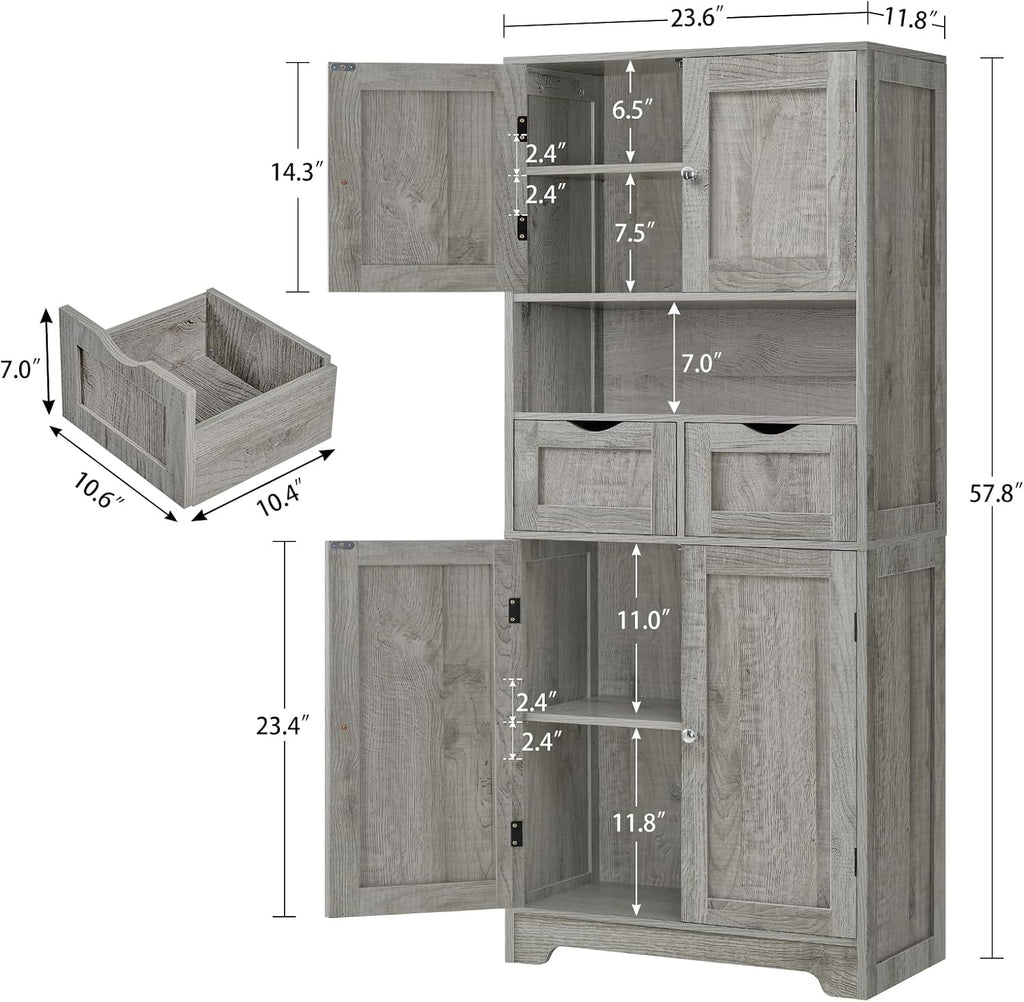 57.8" H Tall Storage Cabinet with 2 Drawers & 2 Adjustable Shelves, Bathroom Storage Cabinet with 4 Doors, Floor