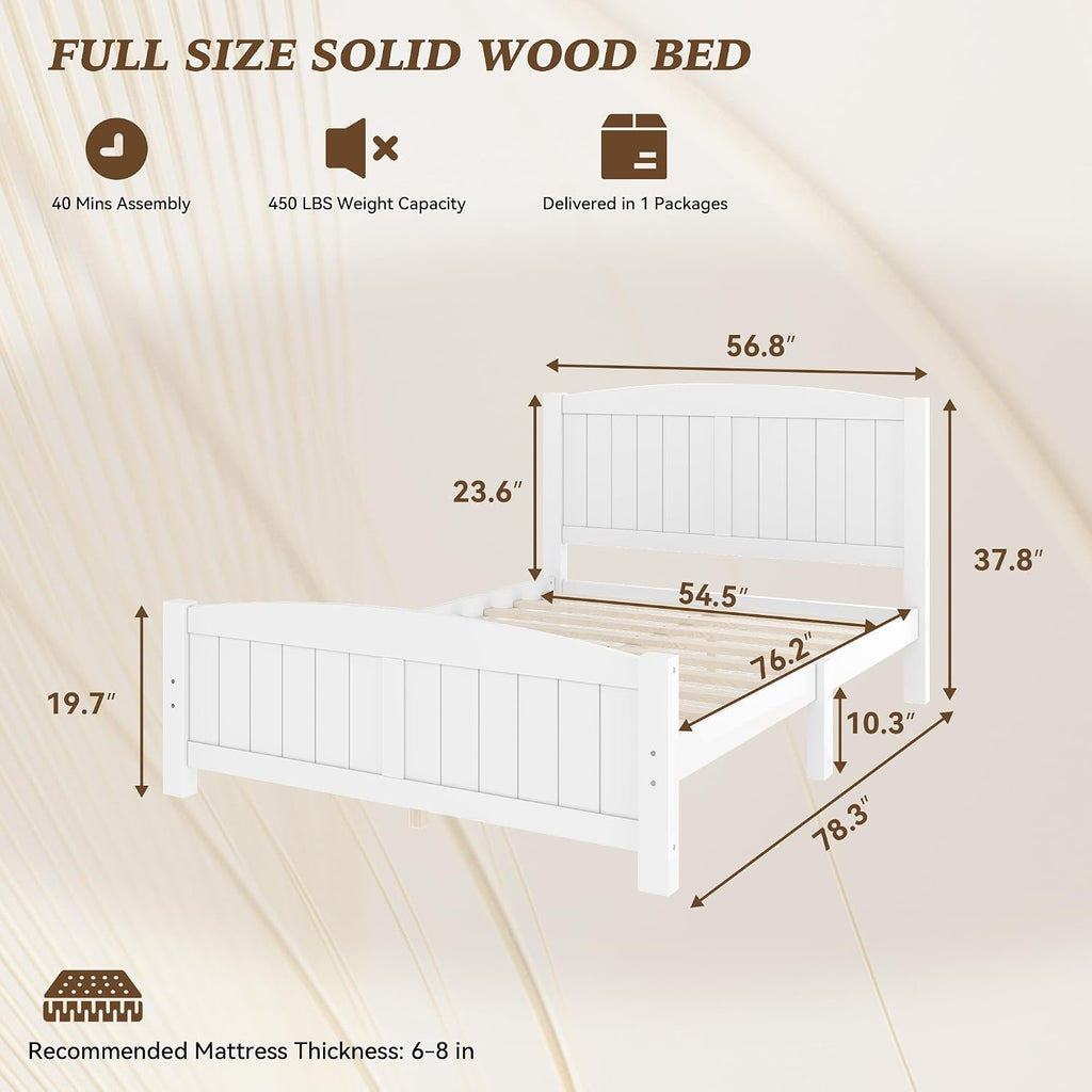 Full Farmhouse Bed Frame with Headboard & Footboard, White Mid-Century Modern Platform Bed Full, Vintage Solid Wood