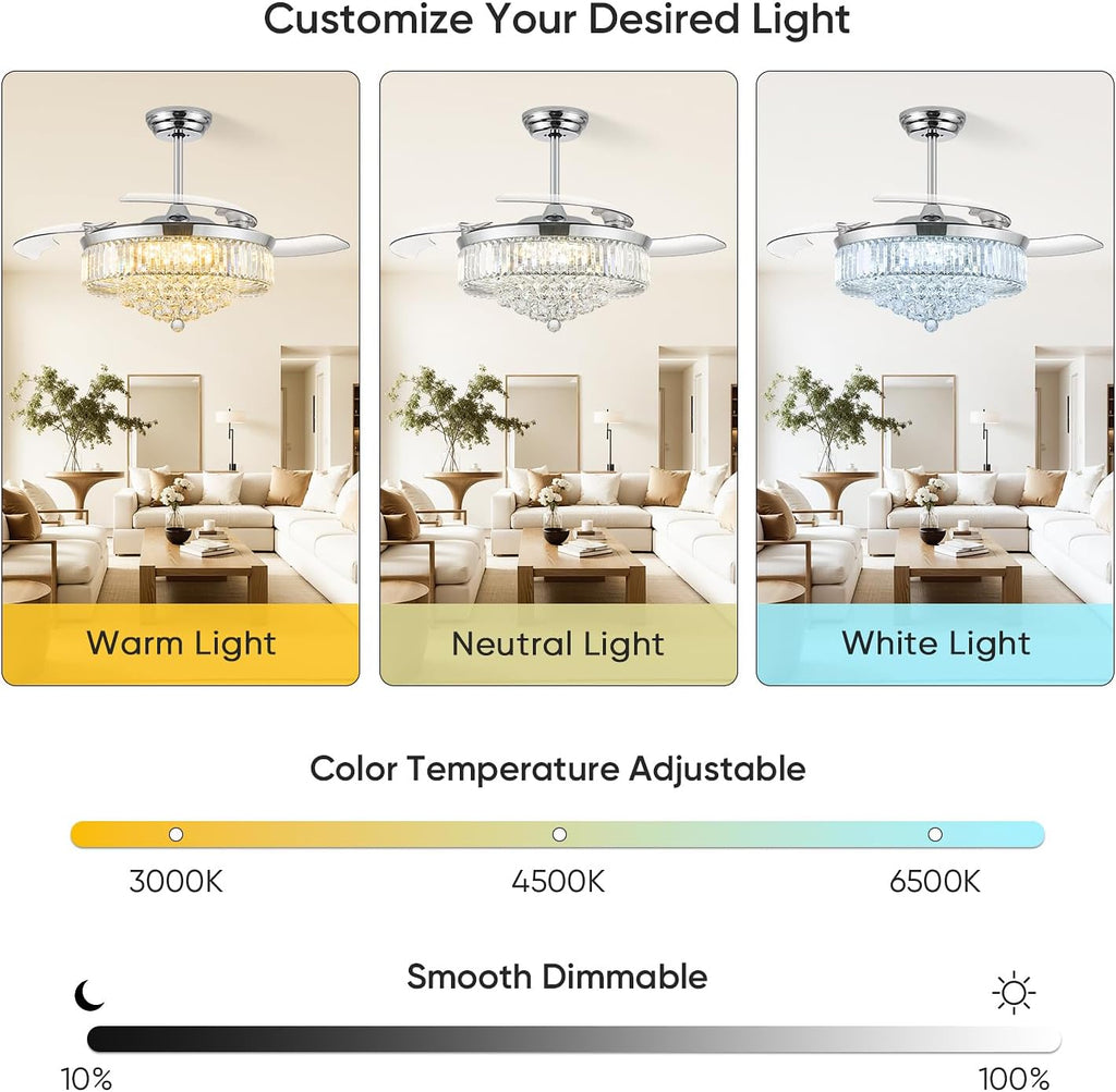 52 Inch Fandelier Ceiling Fan with Light, Retractable Chandelier Fan LED Dimmable Crystal Ceiling Fan Living Room