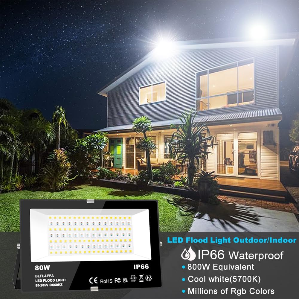 LED Flood Light Outdoor 800W Equivalent 8000LM Smart RGB Landscape Lighting | APP Control, DIY Scenes - Timing