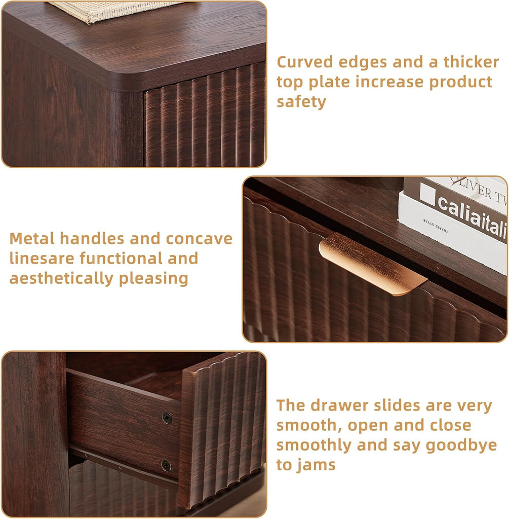 31" Wide Fluted Nightstand, Oversized Extra Large 3 Drawers Night Stand, Walnut Wood Bedside Table,Tall Bed Side End