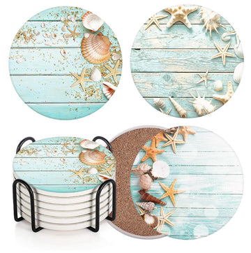 Coasters for Drinks, Set of 6, Ceramic Stone, Coastal Beach