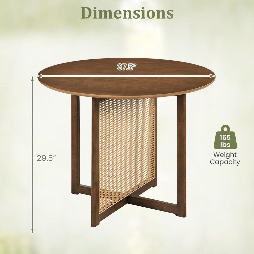 37.5" Round Dining Table for 2-4, Farmhouse Kitchen Table with Solid Rubberwood Pedestal & Rattan Base, Modern Small