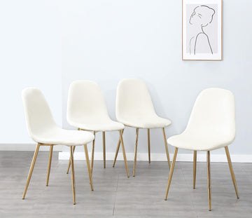 Cream Velvet Dining Chair Set of 4, Midcentury Modern Kitchen Chairs with Gold Chrome Legs, Elegant Dining Room