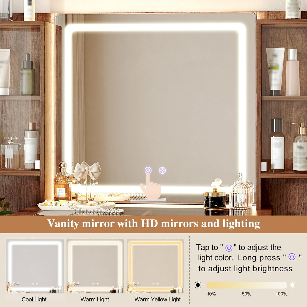 55" Makeup Vanity Desk with Mirror & Lights,Big Vanity Desk with 8 Drawers and Charging Station, Dressing Table with