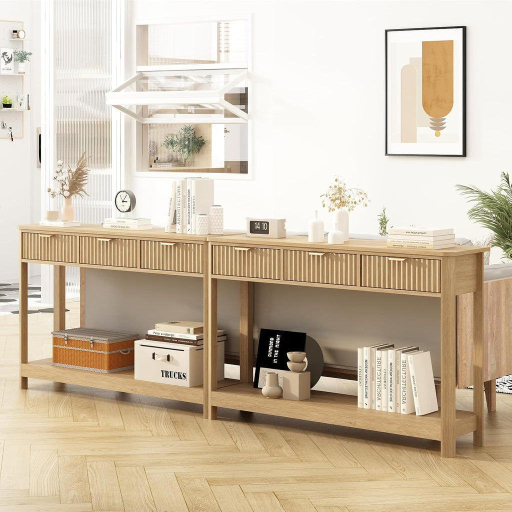Fluted Console Table with Drawers, Modern 47.1" Entryway Table with Storage Shelf, Boho Narrow Skinny Behind Couch