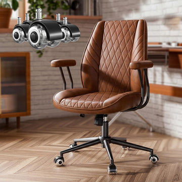Brown Leather Office Desk Chair with Quiet Rubber Wheels, Height Adjustable, Padded Arms, Vintage Mid Century Office