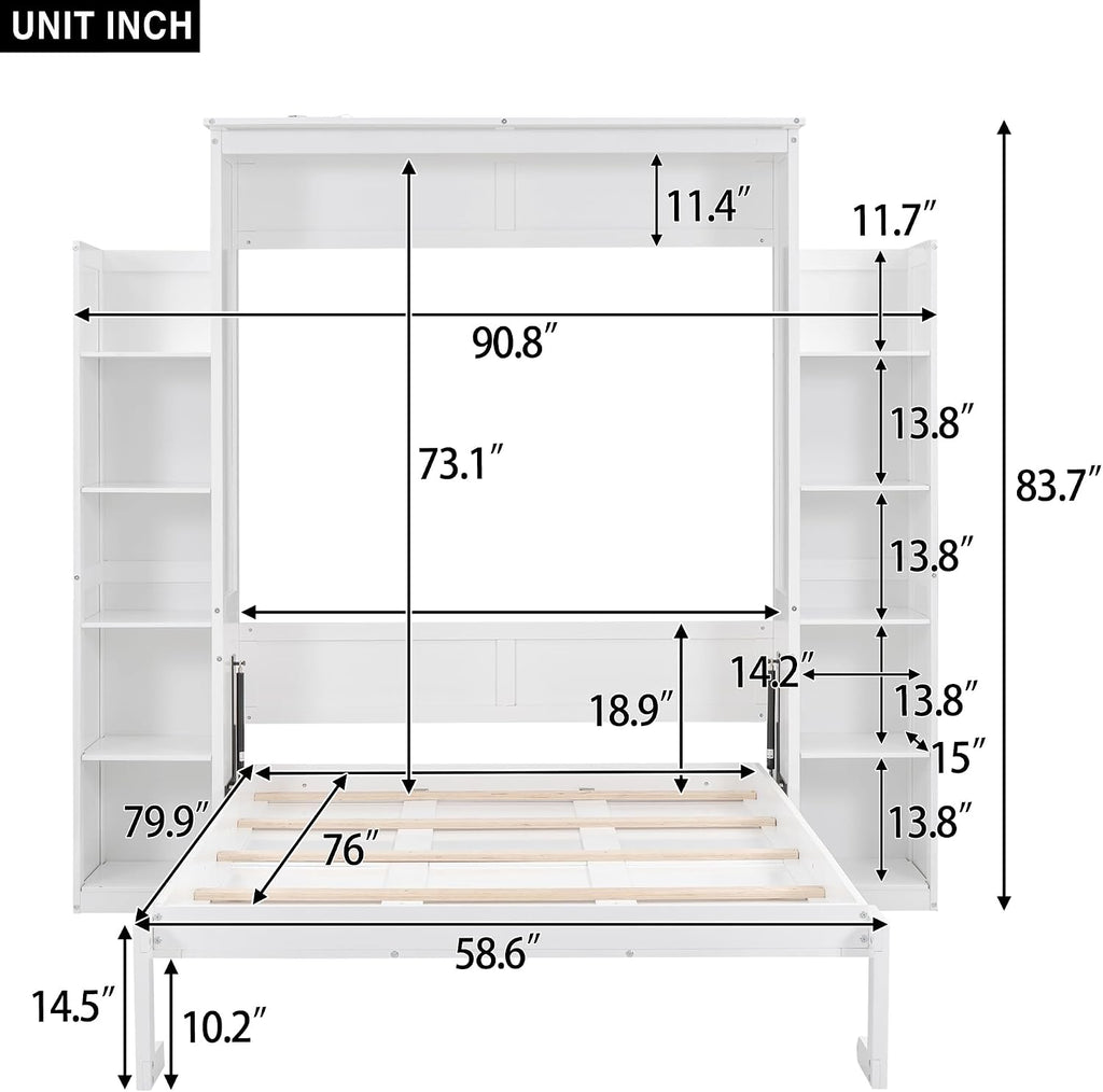 Full Murphy Bed, Wooden Full Murphy Wall Bed with Shelves and LED Lights, White