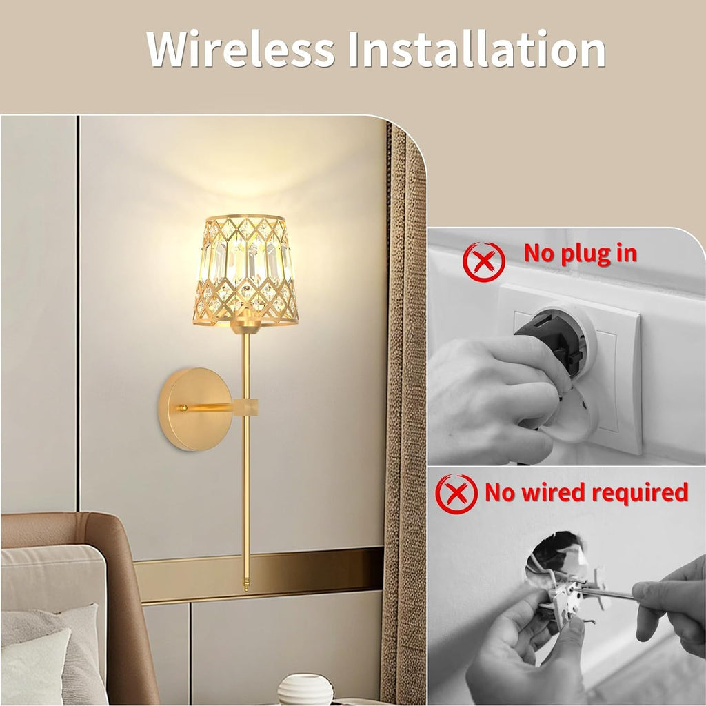 Gold Battery Operated Wall Sconces Set of 2, Crystal Rechargeable Wireless Wall Sconce Light Fixtures for Home Decor