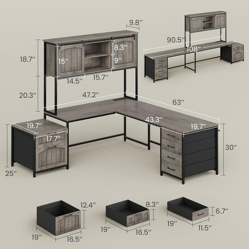 Farmhouse L Shaped Office Desk with 6 Drawer, Reversible Computer Desk with Power Outlet, Hutch/Two Person