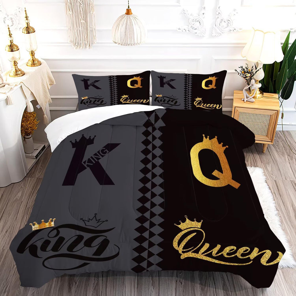 King Queen Crown Comforter Set Full/Queen Black Grey Bedding Set for Teens Women Men Adults Couple Quilt Bedroom Decor