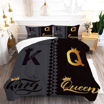 King Queen Crown Comforter Set Black Grey Bedding Set for Teens Women Men Adults Couple Quilt Bedroom Decor