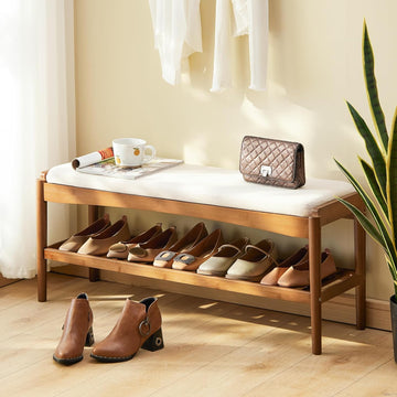 Shoe Bench Entryway Bamboo 2-Tier Shoe Rack with Cushion Padded Seat Shoe Bench Organizer Stable for Entry, Hallway
