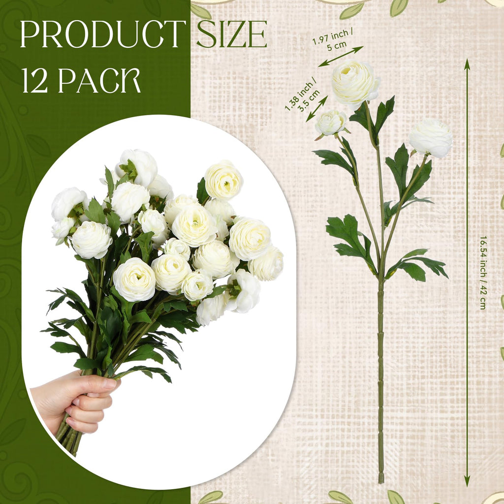 12 Pcs White Artificial Ranunculus Flowers with Stem, 18 Heads