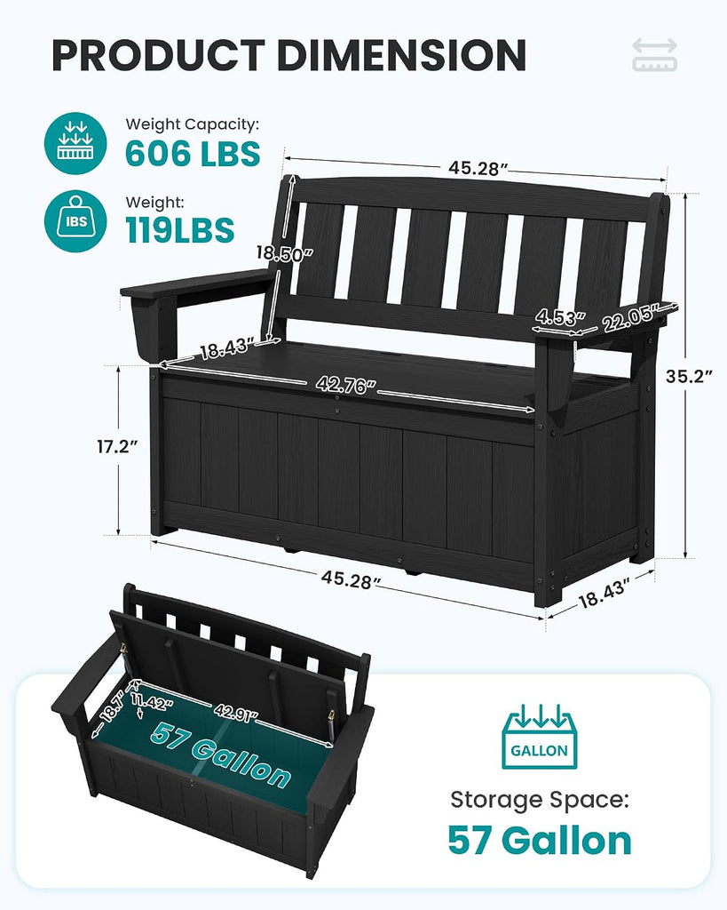 HDPE Outdoor Storage Bench, Deck Box with Waterproof Storage Bags | All-Weather Benches | 57 Gallon Dual-Use Seat |