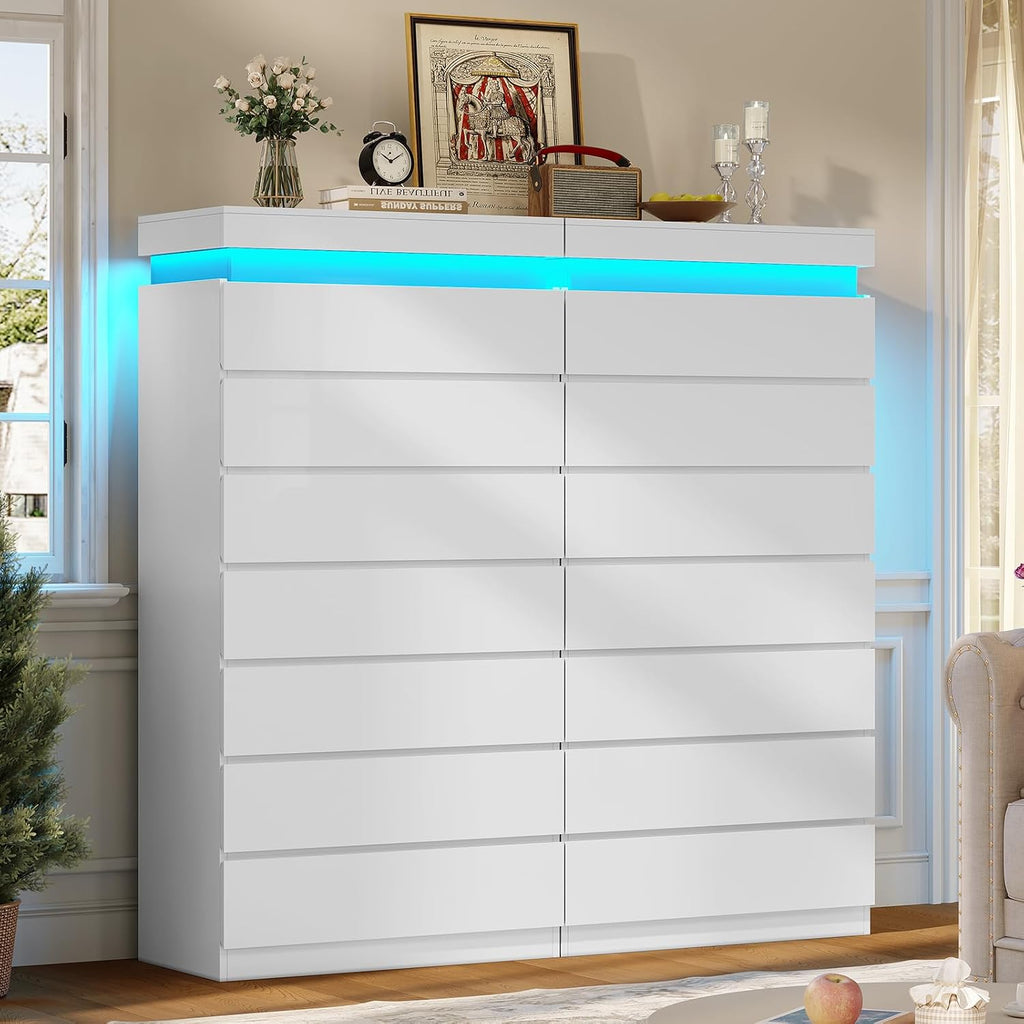 Tall 7 Drawer Dresser with LED Light, White Modern Chest of Drawers ,Closet Dressers with Drawers