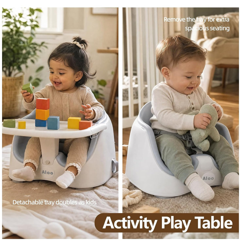 2-in-1 Baby Booster Seat Chair or Floor, Portable Toddler Booster Chair with Removable Double-Layer Tray, Washable PU
